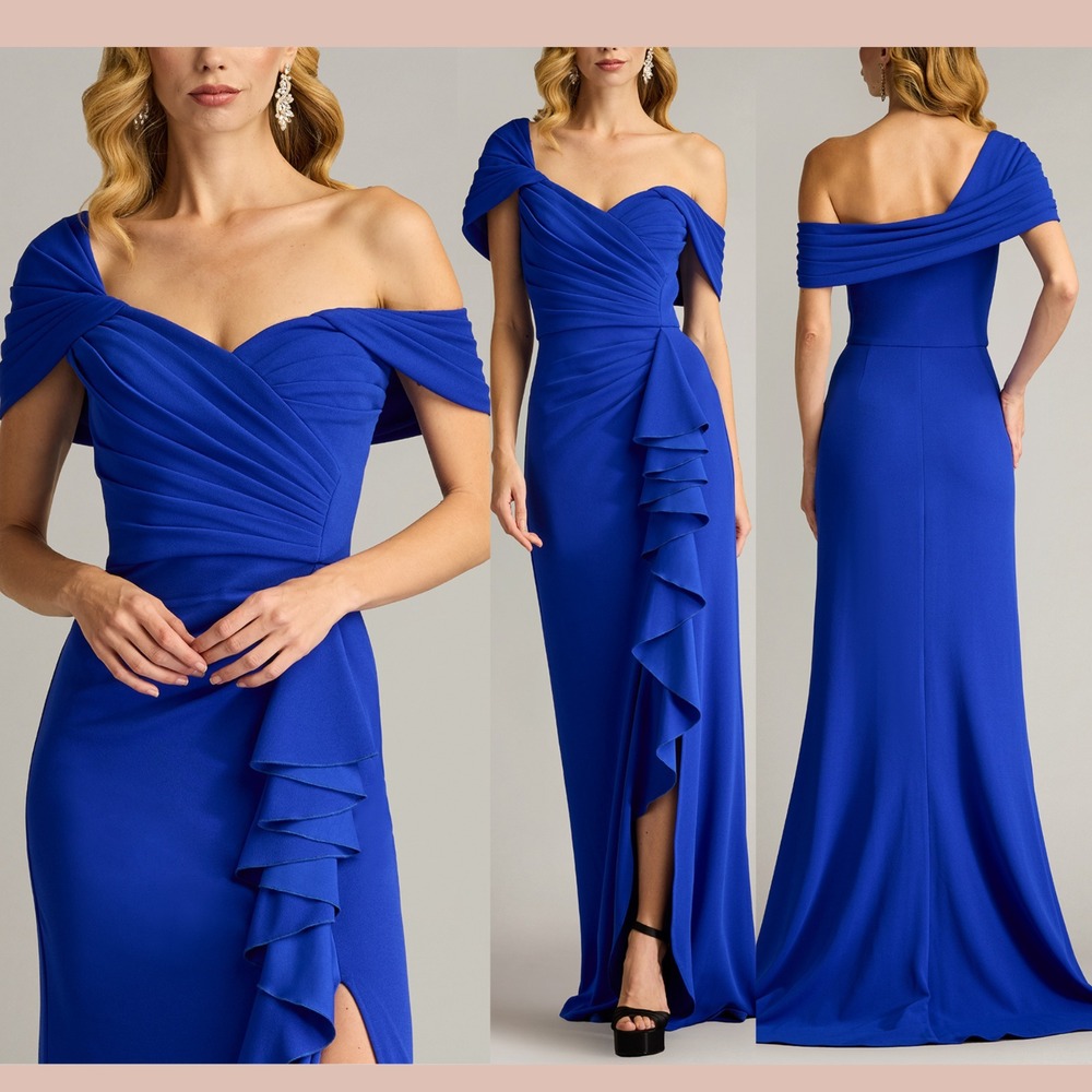 NEW $478 TADASHI SHOJI [‎ MEDIUM ] Drea Waterfall Flounce Gown Mystic Blue Q1262